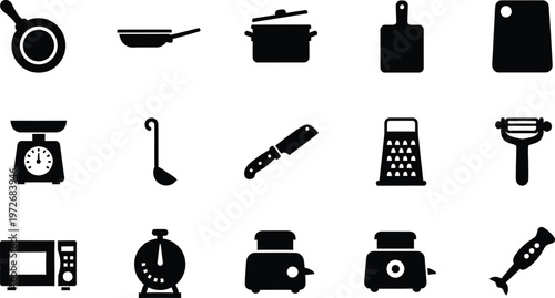 A collection of fifteen black silhouette icons representing common kitchen tools and appliances