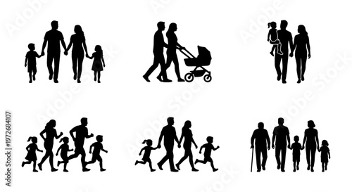 Family silhouettes collection, set of 6 diverse family groups walking and running, parents with children and baby stroller vector icons