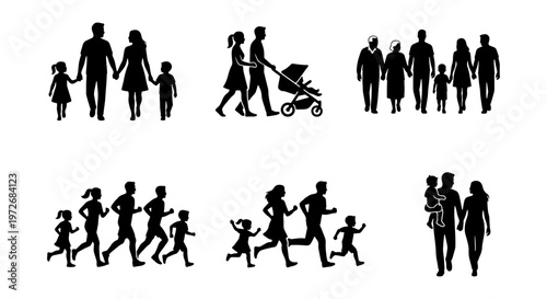Family silhouette vector set, black silhouettes of parents and children walking and running, diverse family groups with stroller and baby