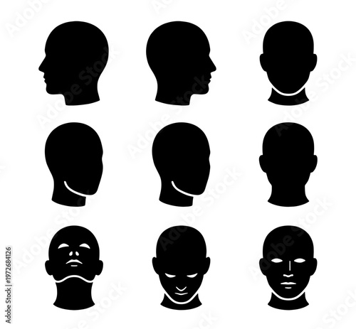 Human head silhouette collection, 9 male profile and front view icons, black manikin head vector set for medical and fashion design