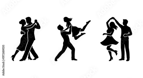 Dancing couple silhouettes set, romantic ballroom dance vector icons, elegant wedding dancers performing salsa and swing choreography