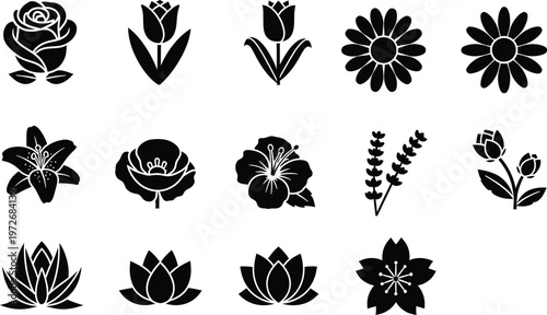 Collection of various floral silhouettes featuring diverse garden plant species in black and white