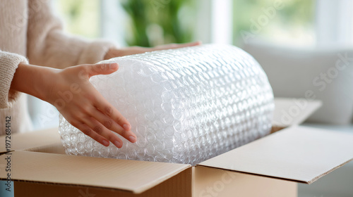 Woman hands placing bubble wrap roll into cardboard box. Packing fragile items for moving, relocation, safe shipping, protective packaging, home decor transportation, careful handling.