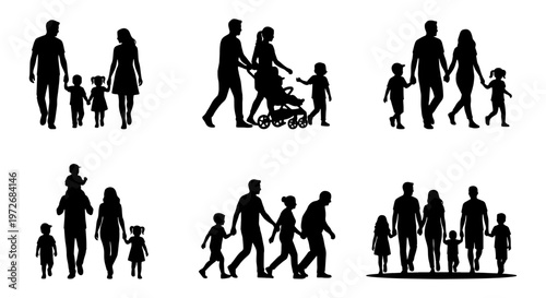 Family silhouettes set, black walking people vector icons, parents and children strolling together, group of diverse family figures for architectural rendering