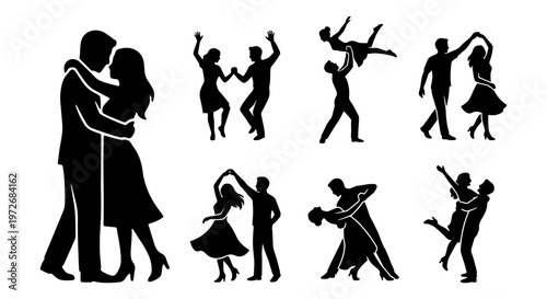 Romantic dancing couple silhouettes, ballroom dance partners set, black vector icons of man and woman in elegant poses, wedding dance choreography
