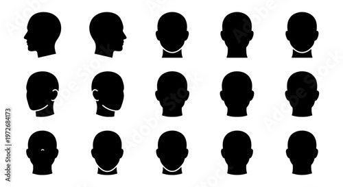 Human head silhouette collection, 15 male profile and front view icons, black manikin head rotation set for medical and barber diagrams