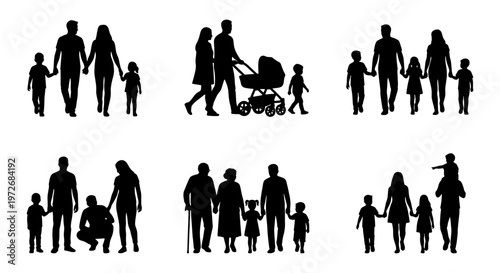 Family silhouette vector set, collection of parents and children walking together, black silhouettes of diverse family groups and strollers