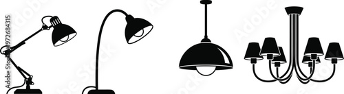 Elegant black silhouette vector set of interior lighting fixtures including adjustable desk lamps, a modern pendant light, and a stylish chandelier isolated on white background.