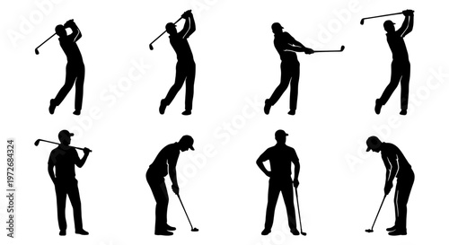 Golf player silhouettes set, collection of 8 male golfer vector icons, professional athletes swinging golf clubs, black sport figures on white background