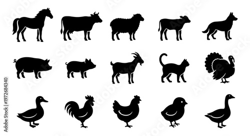 Farm animal silhouettes collection, set of 15 livestock and poultry icons, black domestic animal vector graphics for agriculture and ranching