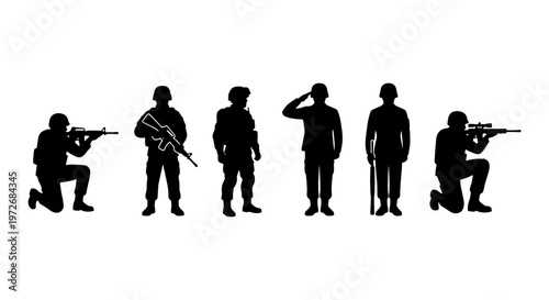 Military soldier silhouettes set, black army infantry figures with rifles and gear, tactical combat troops collection in various poses for war design