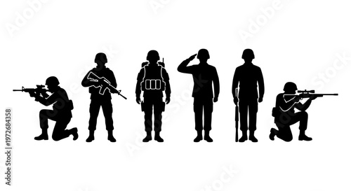 Military soldier silhouettes set, black army infantry figures with rifles, tactical special forces personnel in combat poses, 6 vector elements