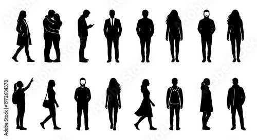 Black silhouettes of people in various poses, set of 16 human figures vector, diverse men and women standing and walking, urban crowd character collection