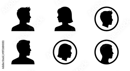 Minimalist profile avatar icons, black silhouette head and shoulders vector set, male and female user account symbols for web interface