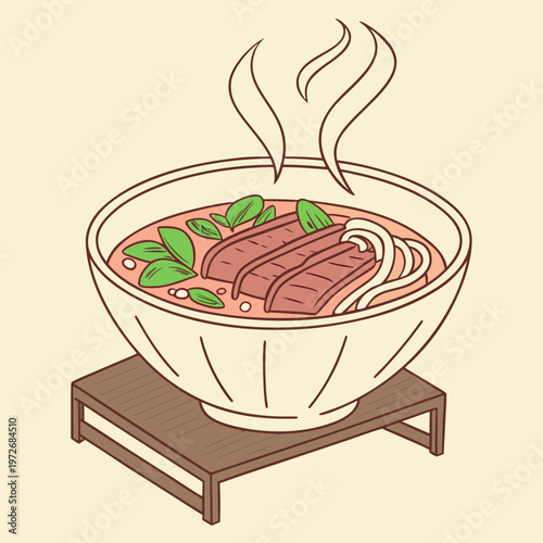 A steaming bowl of clear broth with thin beef slices and vibrant green herbs.