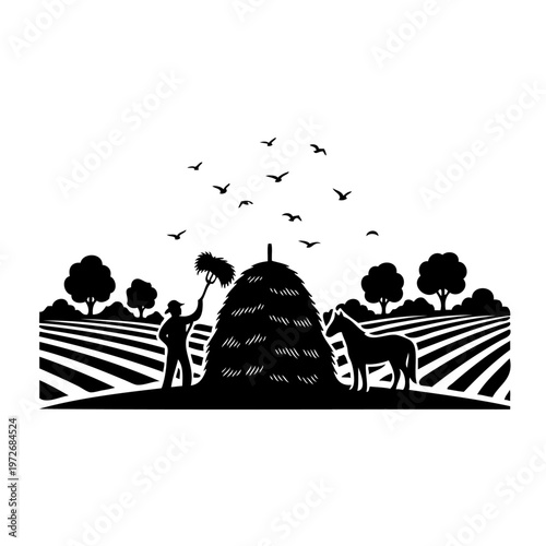 farmer working in field with haystack and horse