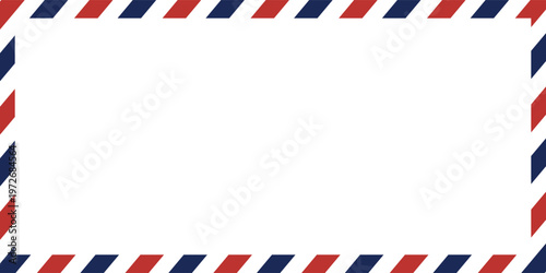 Air mail letter. Post stamp. Airmail frame postcard. Blue red stripes pattern. Mockup template envelope. Vector illustration