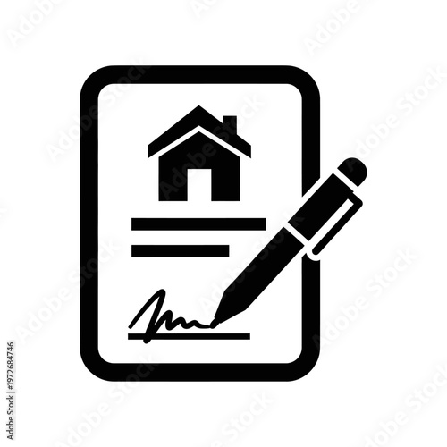 Real estate contract icon, house purchase agreement document with pen signing signature, vector illustration