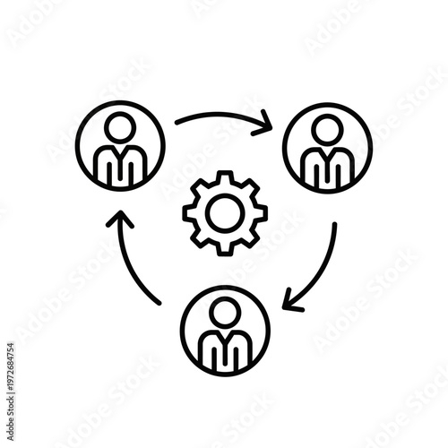 Vector icon of a team working together with a gear symbol in the center, representing collaboration