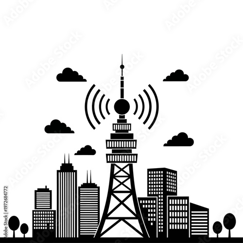 City skyline silhouette with a communication tower and radio waves, urban landscape vector illustration