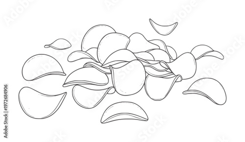 Hand drawn outline of potato chips scattered a white snack food