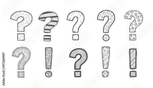 Hand drawn question and exclamation marks with diverse patterns point punctuation