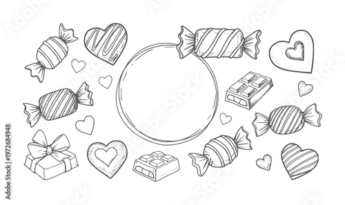 Hand drawn valentine candies hearts and chocolate frame candy gift