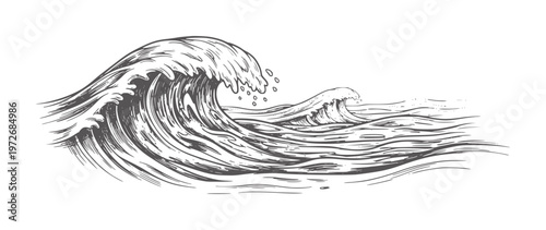 Monochrome ink of a large crashing ocean wave and smaller wave water nature