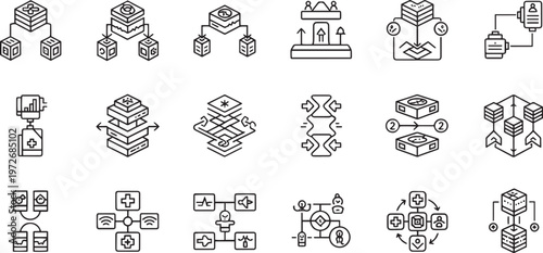 Cloud Computing Infrastructure and Medical Data Networking Outline Icon Set