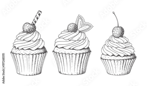 Three hand drawn cupcakes with strawberry and cherry toppings dessert sweet food