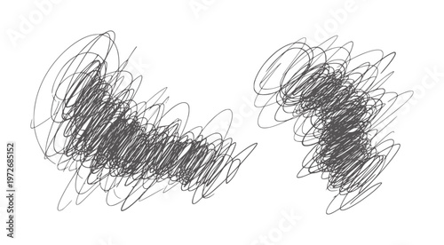 Two dark grey scribbled abstract shapes white