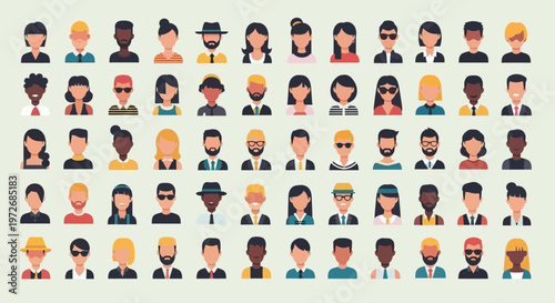 A large collection of diverse human avatar portraits in a flat vector illustration style.