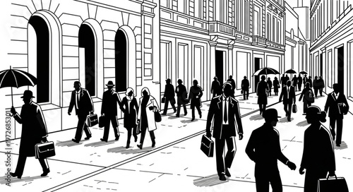 Crowd of People Walking on a City Street Illustration.