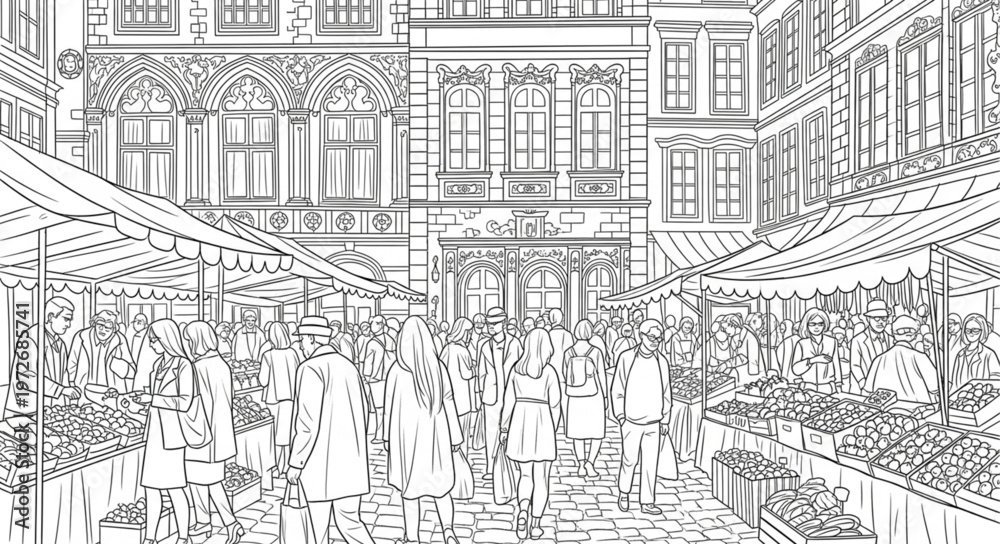 Obraz premium Crowded street scene with detailed architectural buildings.