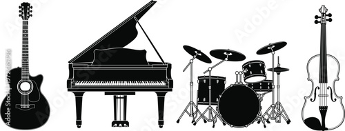 Highly detailed black silhouette vector set of musical instruments including acoustic guitar, grand piano, professional drum kit, and violin isolated on white background for design.