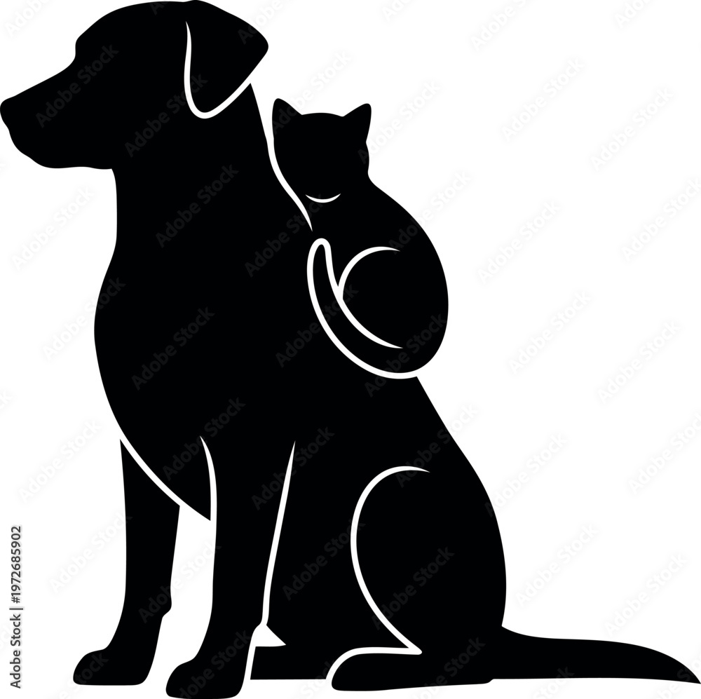 Obraz premium Silhouette of Dog and Cat Together – Pet Friendship Vector for Veterinary, Animal Care, and Pet Services