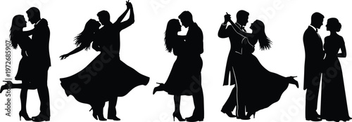 Black silhouettes of romantic couples dancing ballroom waltz and tango isolated on white background for wedding and elegant party invitations