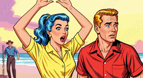 Retro comic couple, shocked beach scene, vintage illustration, cartoon people