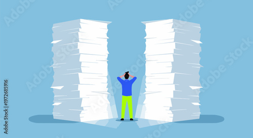 Overwhelmed businessman, paperwork burden, office stress, heavy workload, vector illustration