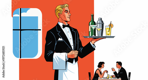 Vintage waiter, retro restaurant, serving drinks, classic illustration, 80s style
