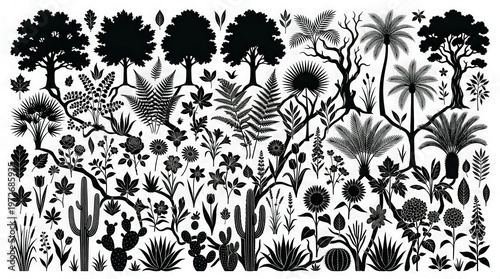 Vector Illustration of Variety of Tropical Plants and Foliage in Monochrome Style