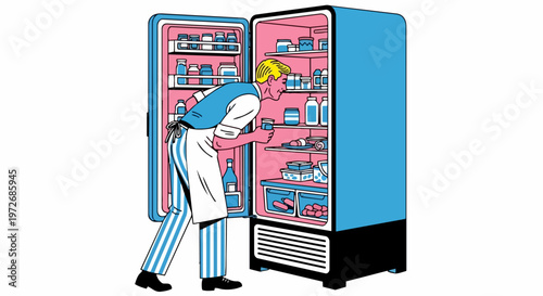 Vector illustration, man in lab coat checking vending machine, snack and drink dispenser