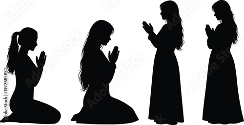 Black silhouette of woman praying in kneeling and standing positions isolated on white background for religious spiritual and peaceful designs