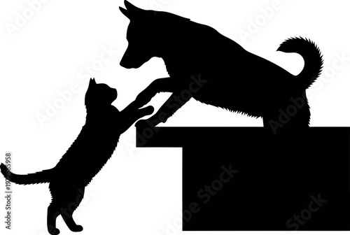 Silhouette of Cat and Dog Interaction on Ledge – Friendship, Pet Care, Animal Companionship Concept