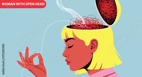Mindful woman, open head, brain exposed, meditation, yoga, vector illustration