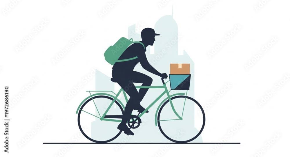 Fototapeta premium Delivery Cyclist with Package and Backpack on White Background.