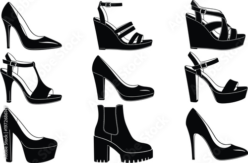 WebElegant Women Fashion Shoes Collection Vector Set, High Heels, Wedges, Sandals, and Boots Silhouettes for Footwear Design, Retail, and Glamour Branding