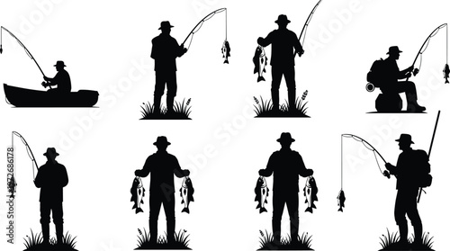 Fisherman Silhouette Set with Fishing Rod and Fish Catch, Professional Angler in Boat and Shore Activities for Outdoor Sport Design