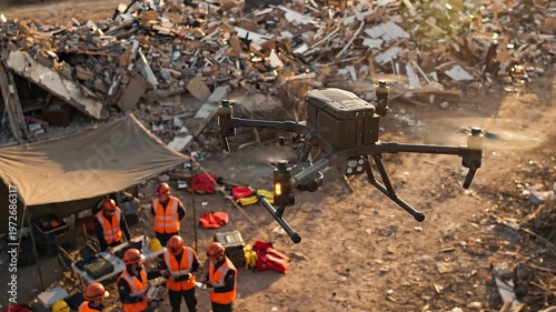 Rescue drone flying over disaster area with emergency team.