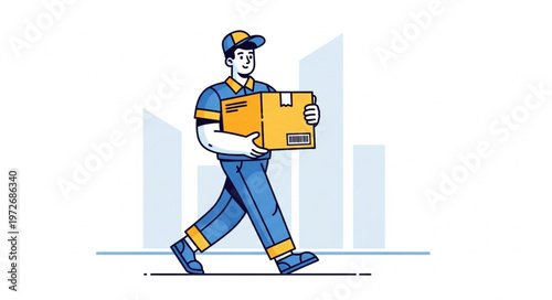 Delivery Man Carrying Package in Blue Uniform with Cap.